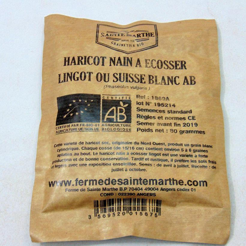 Beispiel eines Exemplars von Zwergbohne Lingot suisse blanc Bio die Tüte mit 160 Samen (80g) wie geliefert