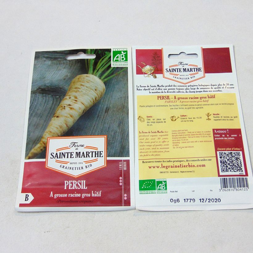 Beispiel eines Exemplars von Wurzelpetersilie tuberosum Bio - Ferme de Sainte Marthe die Tüte mit 450 Samen (0.6g) wie geliefert