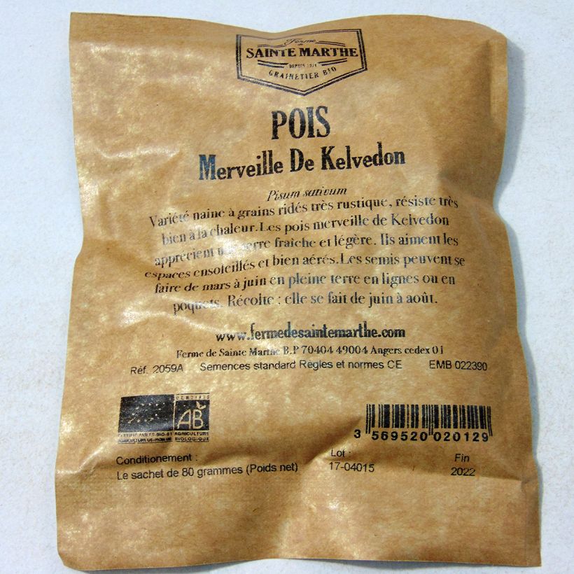 Beispiel eines Exemplars von Zwergerbse Merveille de Kelvedon Bio die Tüte mit Samen von 80 Gramm wie geliefert