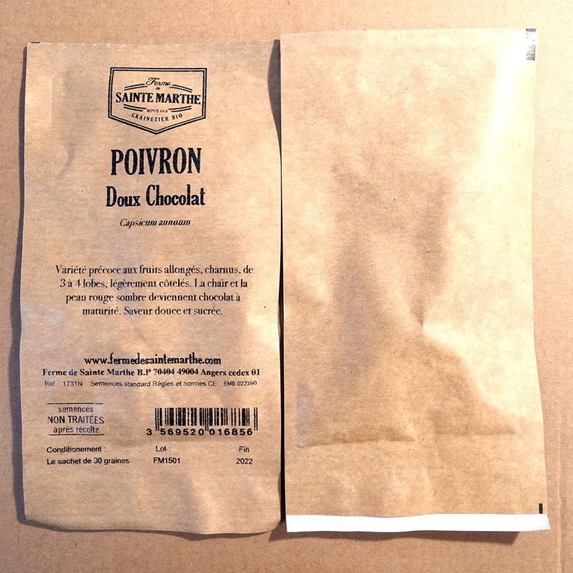 Beispiel eines Exemplars von Paprika Chocolate - Ferme de Sainte Marthe die Tüte mit 30 Samen (Sachet de 30 grainesg) wie geliefert