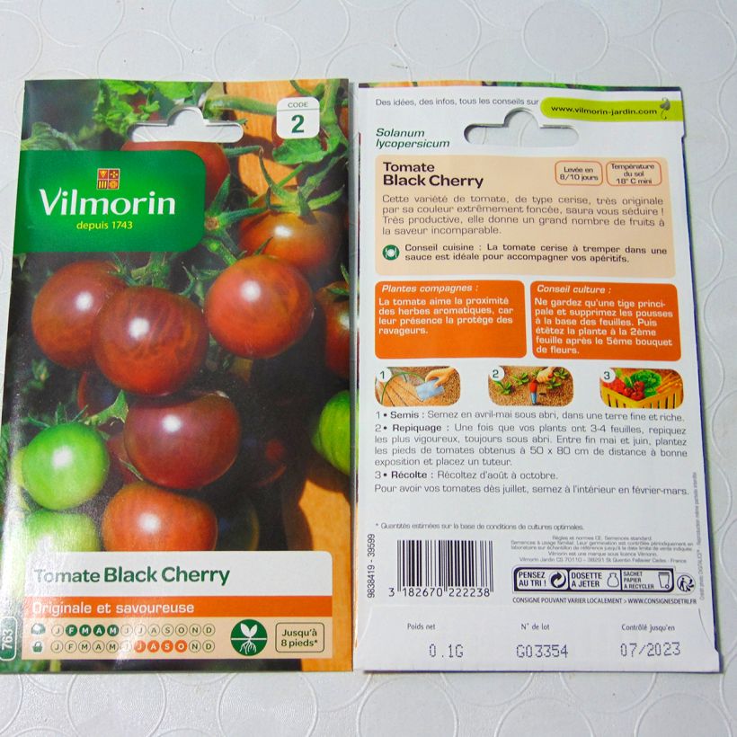 Beispiel eines Exemplars von Kirschtomate Black Cherry - Vilmorin die Tüte mit 30 Samen (0,1g) wie geliefert