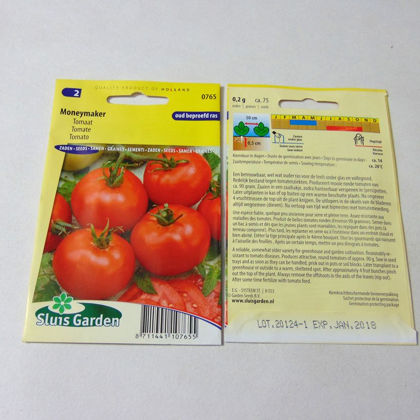 Beispiel eines Exemplars von Tomate Moneymaker die Tüte mit 300 Samen (1g) wie geliefert