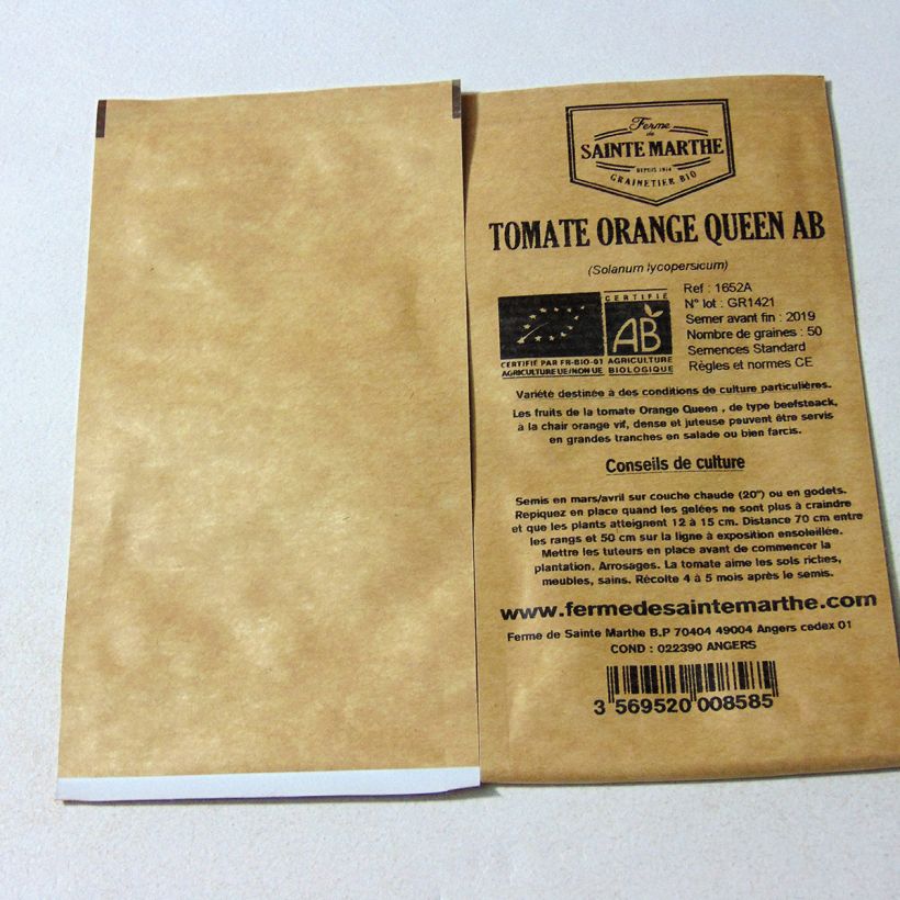Beispiel eines Exemplars von Tomate Orange Queen Bio die Tüte mit 50 Samen wie geliefert