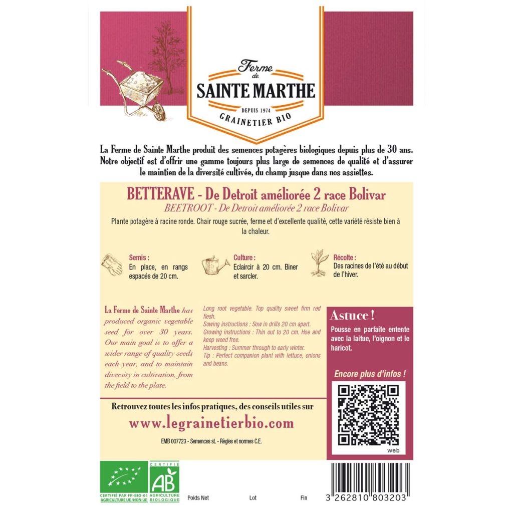 Rote Bete De Detroit Améliorée 2 race Bolivar Bio - La Ferme de Sainte-Marthe